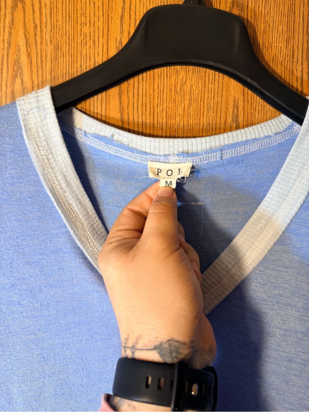 POL Light Blue V-Neck Cropped Patchwork Pullover - Picture 4 of 5